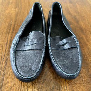 Blue metallic driver loafers
